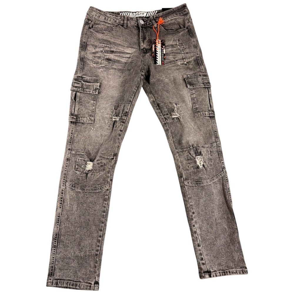 RGSTR Cargo Jeans Mens 32 Gray Utility Stretch Distressed Slim Fit Skinny Leg